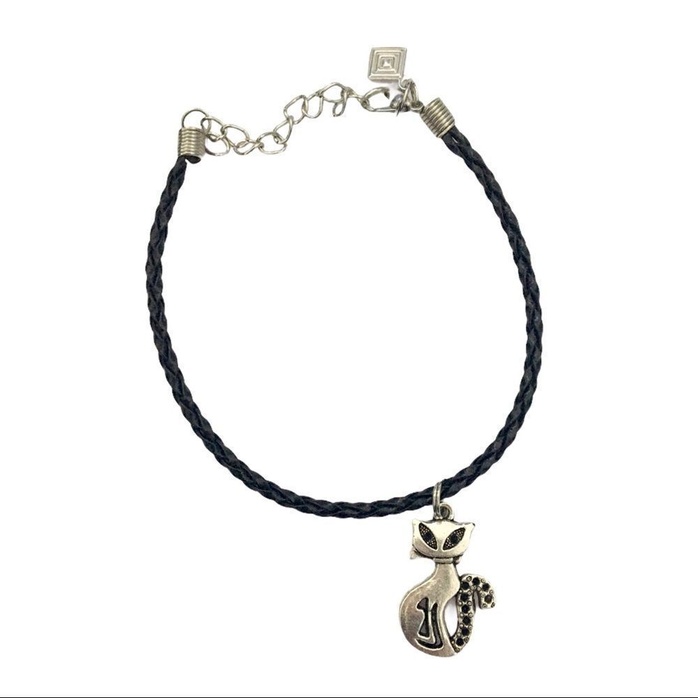 Cord Bracelet with Pewter Halloween Cat Charm & Black Micro Rhinestones OSFM